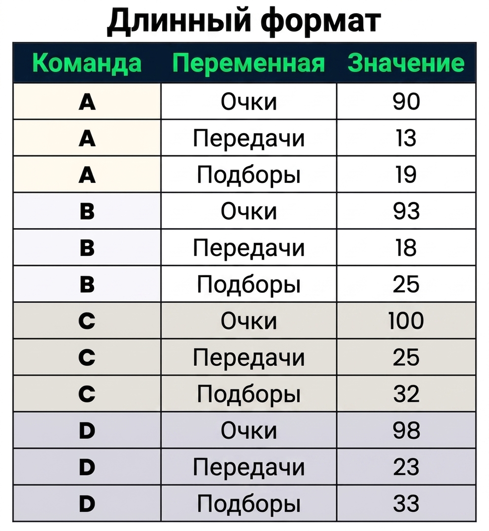 Набор данных в длинном формате с двумя категориальными столбцами: Team и Variable, и одним числовым столбцом: Value.