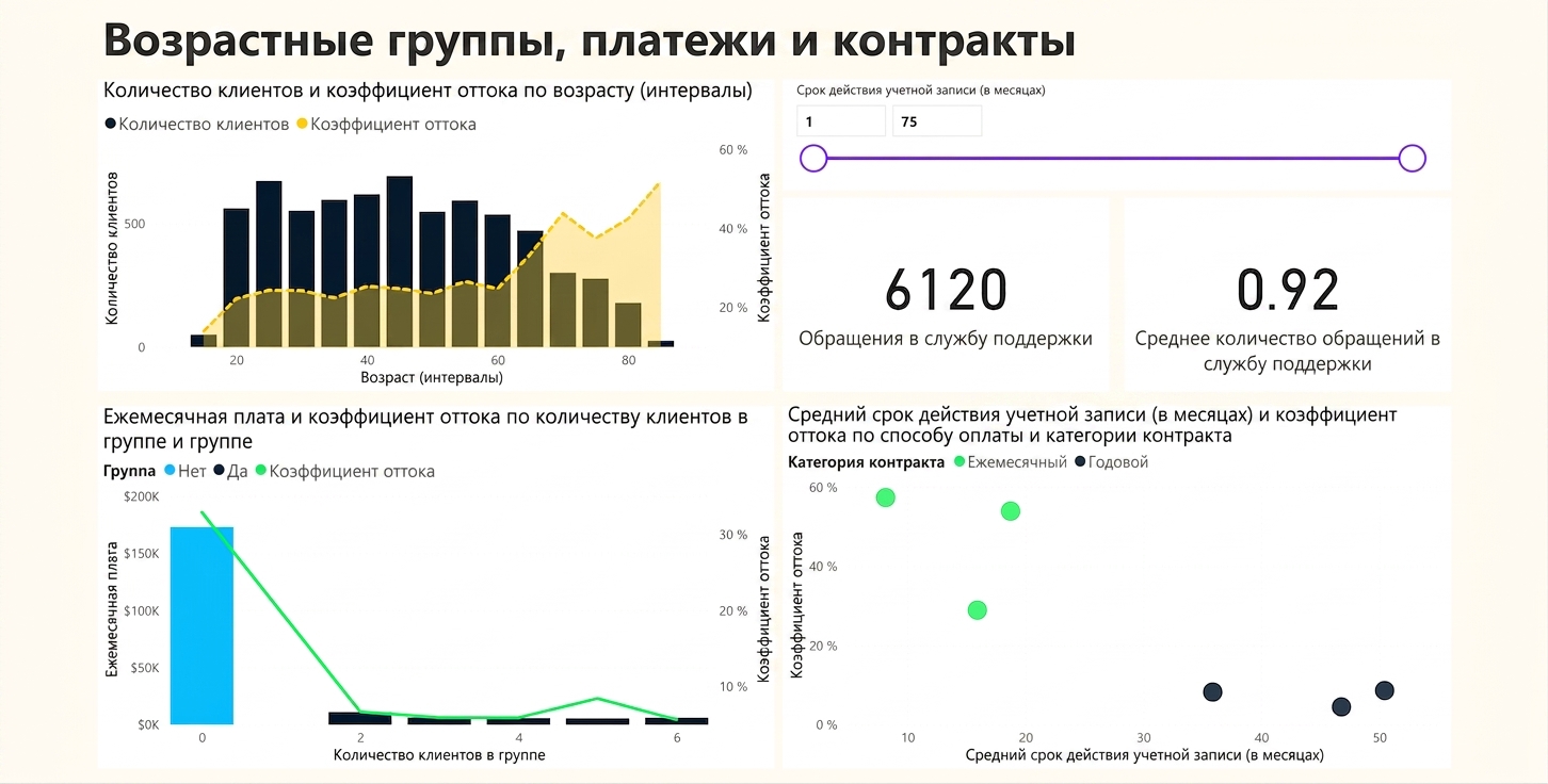 Страница отчёта: возрастные группы, платежи и контракты