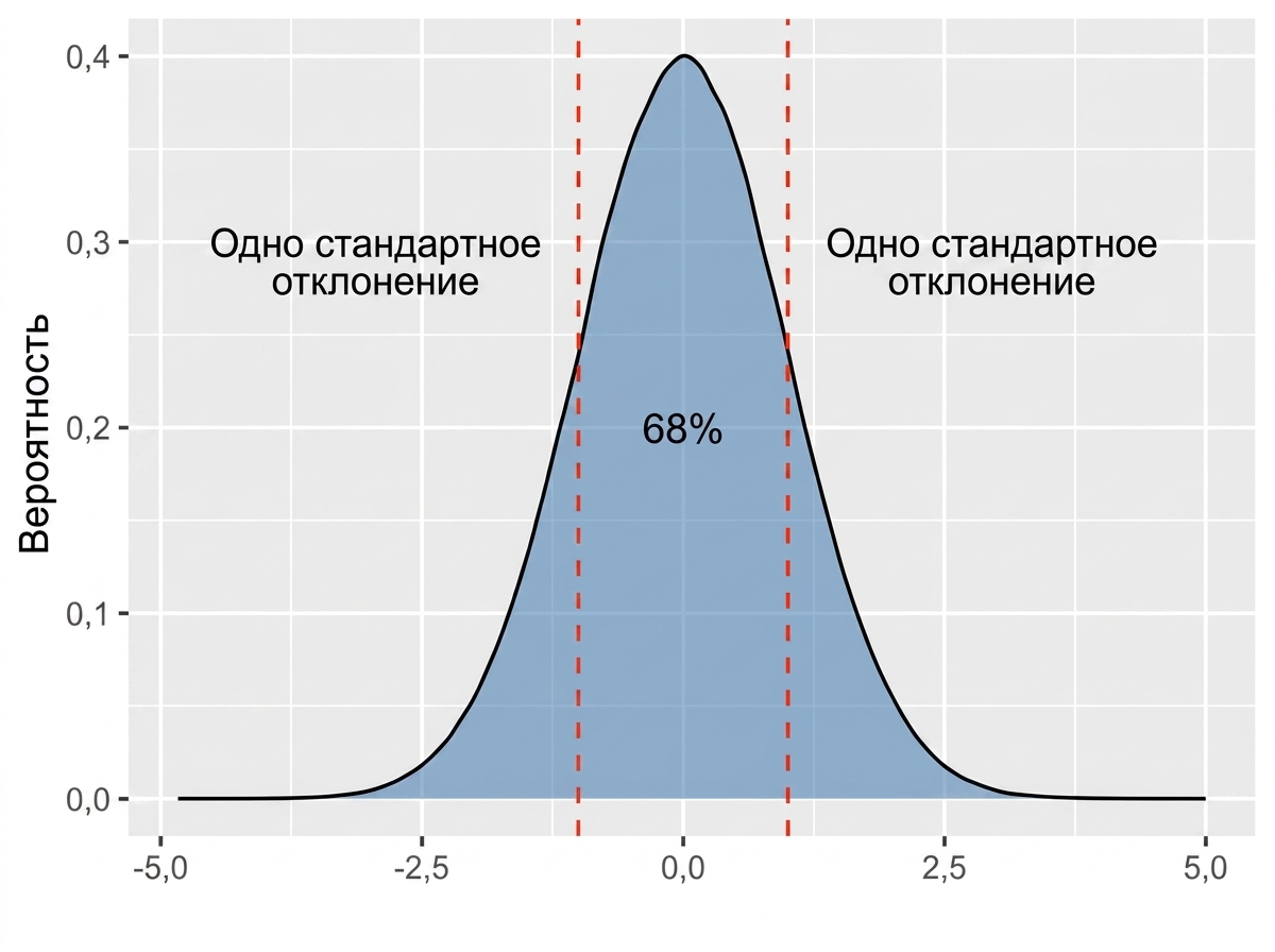 Нормальное распределение с областью между плюс-минус одним стандартным отклонением, обозначенной как 68 процентов.png