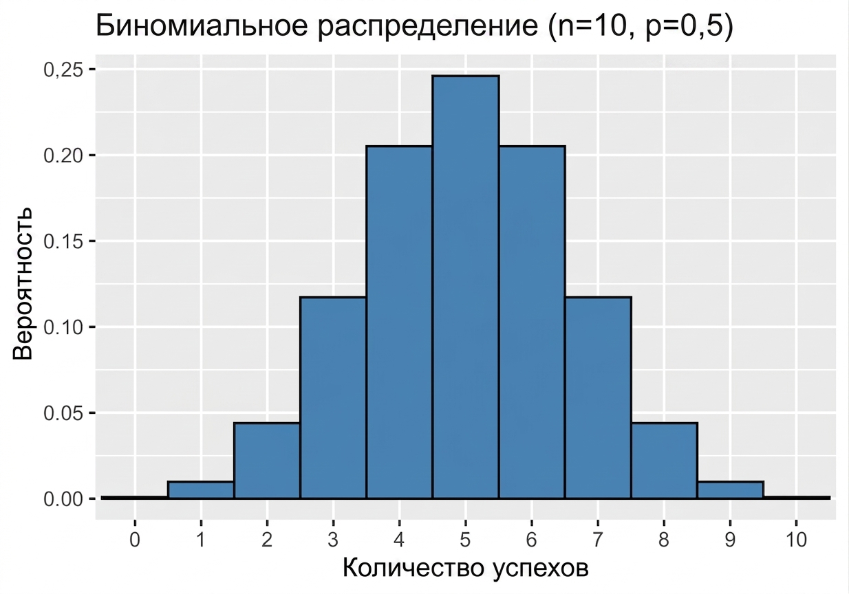 График биномиального распределения при n=10, p=0,5.png
