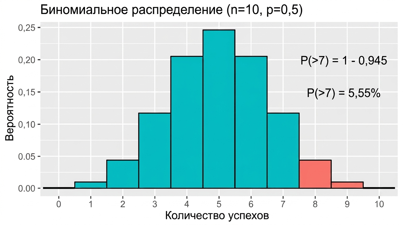 Нормальное распределение с выделенной синей областью для числа успехов более 7, равной 5,55%.png