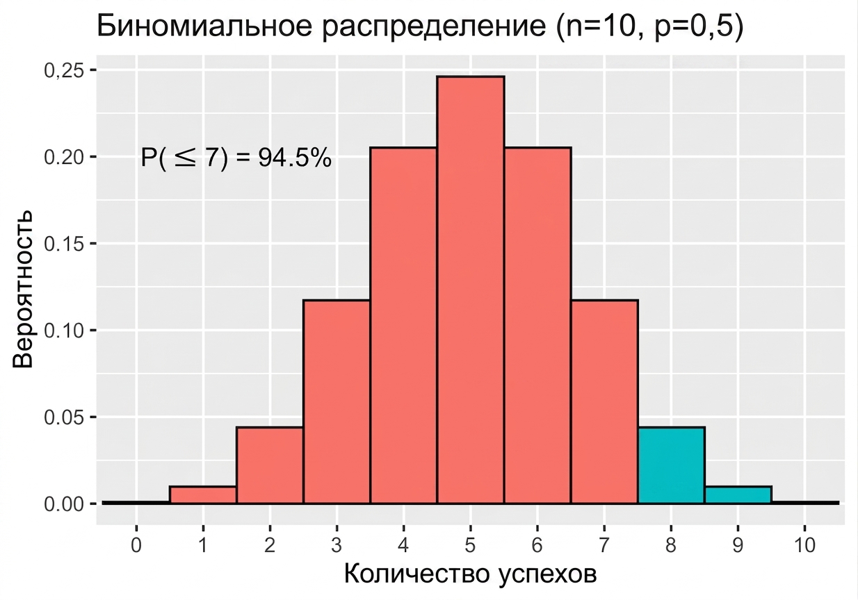 Биномиальное распределение с выделенной областью «не более 7 успехов», вероятность 99,45%.png