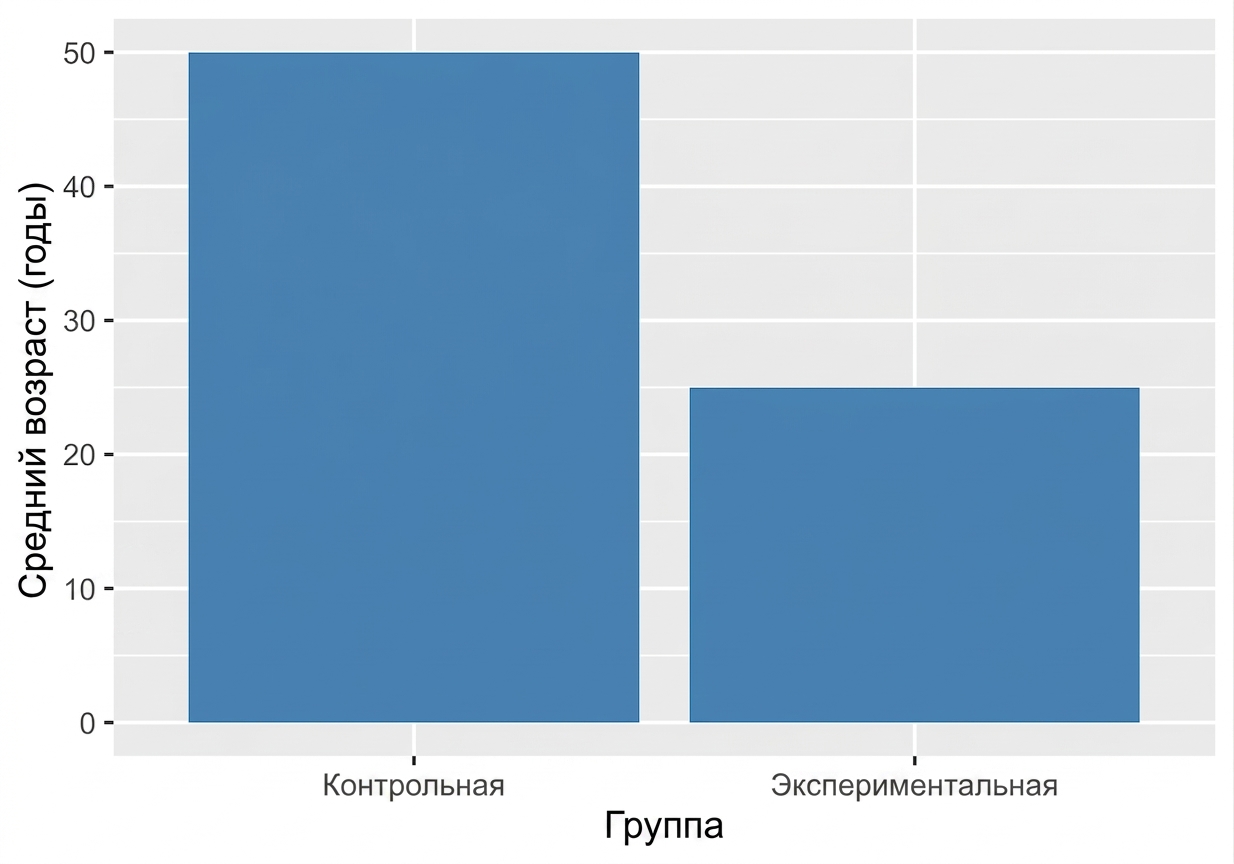 Столбчатая диаграмма: средний возраст в группе воздействия — 50, в контрольной — 25