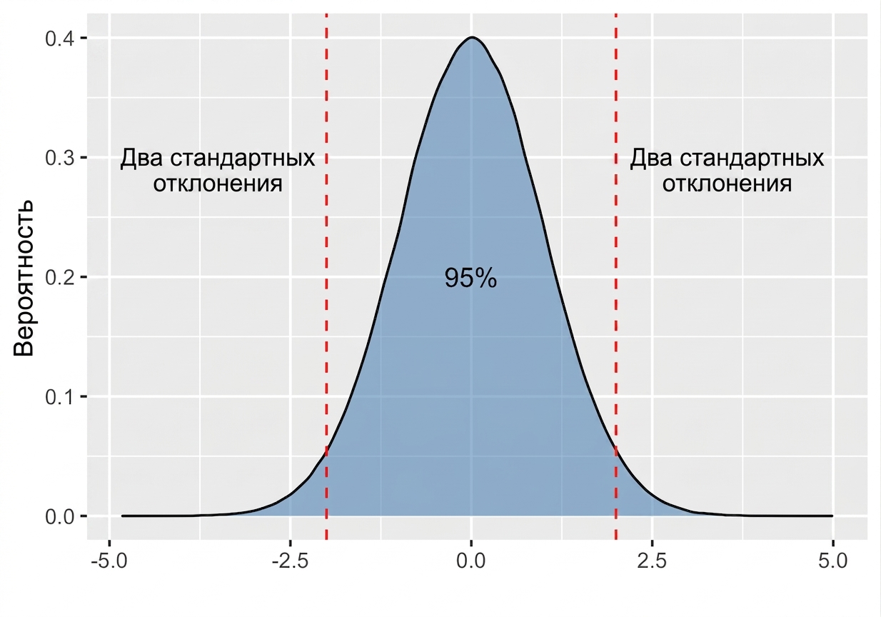 Нормальное распределение с областью между плюс-минус двумя стандартными отклонениями, обозначенной как 95 процентов.png