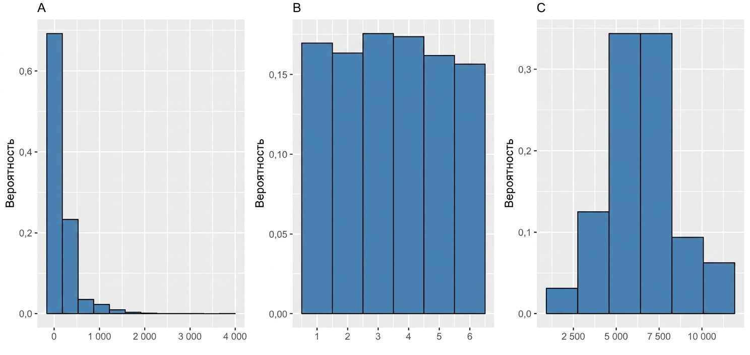 three_plots, first_showing_a_distribution_with_a_large_peak_on_the_left,second_showing_a_uniform_distribution_and_third_showing_a_symmetrical_distribution_peaking_in_the_middle.png