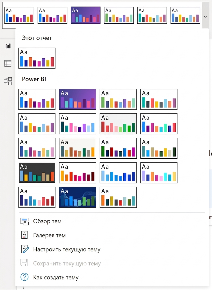 Power BI включает набор встроенных тем, которые также можно настраивать.