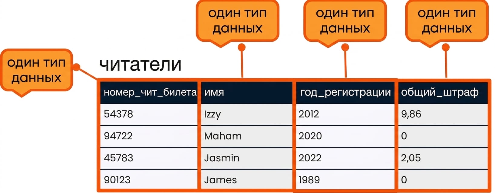 Таблица patrons с выделенными полями, каждое из которых имеет свой тип данных