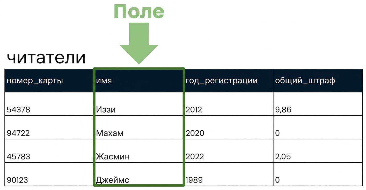 таблица patrons с выделенным одним полем