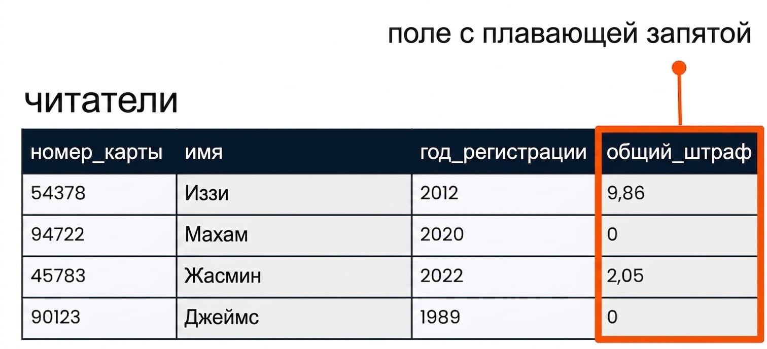 Таблица patrons с выделенным полем total_fine как пример поля с числами с плавающей точкой