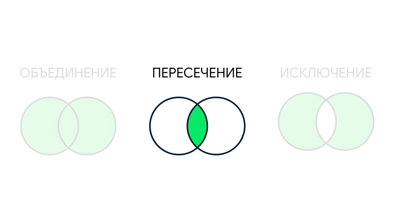 Изображение с тремя диаграммами Венна, две из которых затушёваны. В фокусе только диаграмма INTERSECT: два пересекающихся круга, где общая часть выделена зелёным.