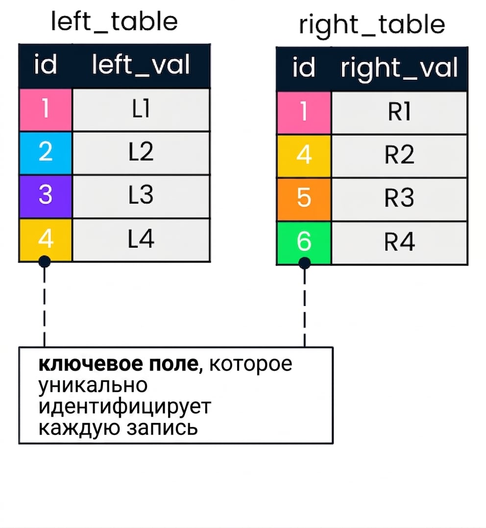 Диаграмма двух таблиц: левой и правой. Совпадающие значения id выделены одинаковыми цветами.