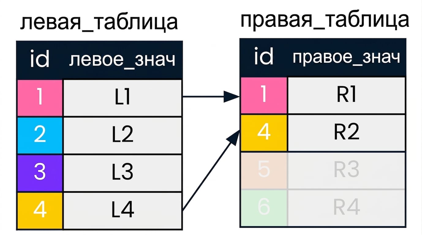 Диаграмма двух таблиц — left table и right table — со стрелками, указывающими на совпадающие записи по столбцу id. Записи, не участвующие в LEFT JOIN, выделены серым.