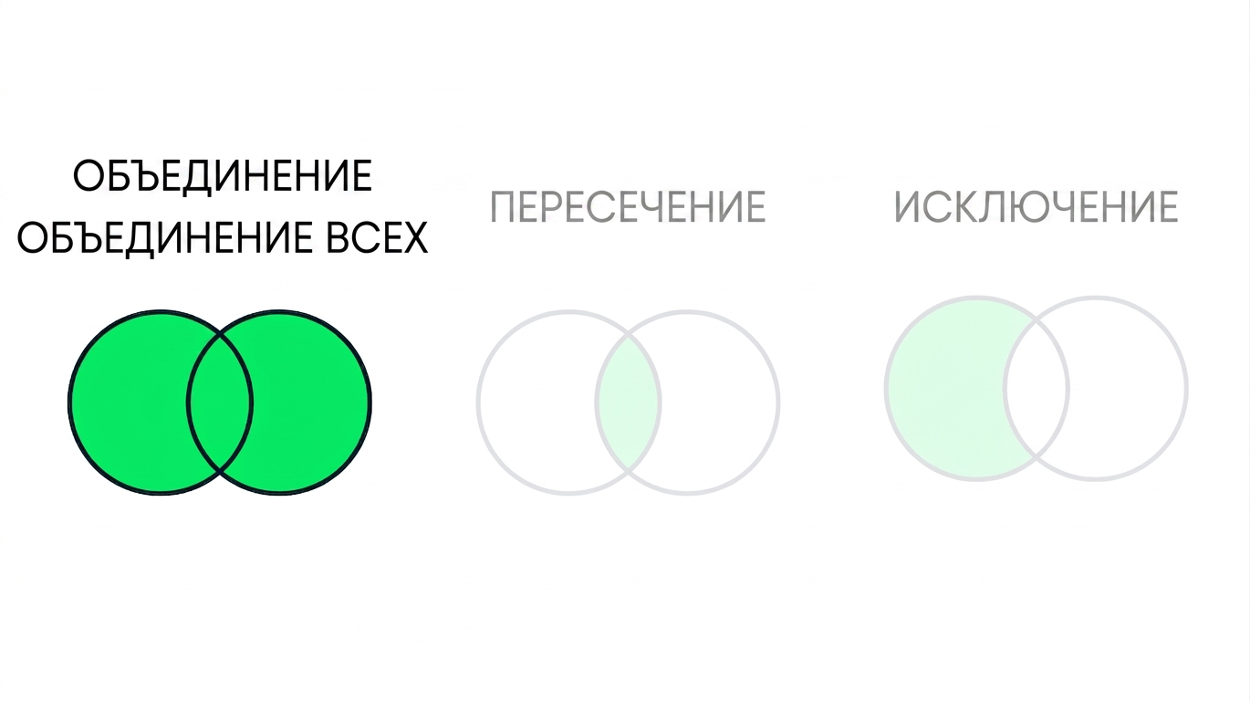 Три диаграммы Венна, две из которых затемнены. В фокусе только UNION: два перекрывающихся круга полностью окрашены зелёным.