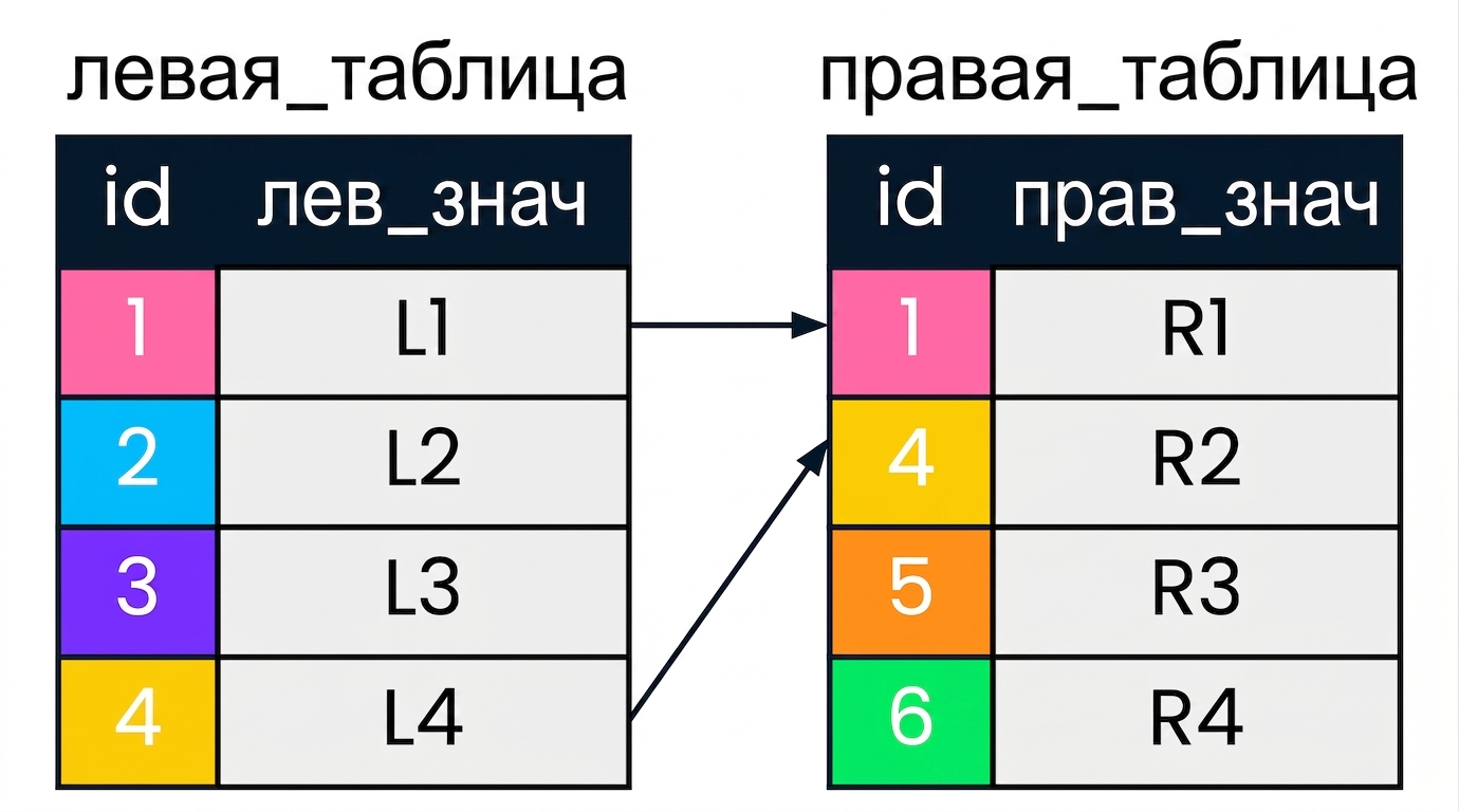 Диаграмма двух таблиц: left_table и right_table. Совпадающие значения id выделены одинаковыми цветами и соединены стрелками.