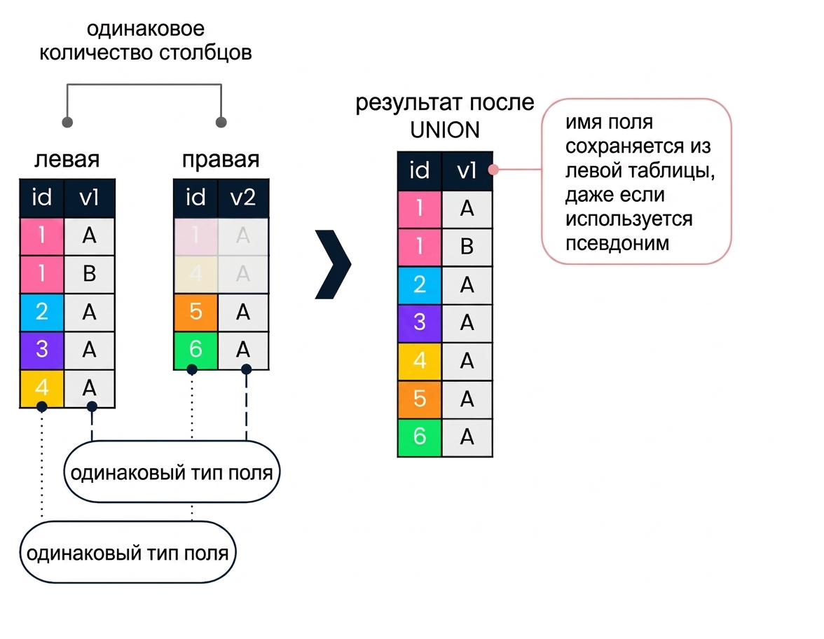 Диаграмма с левой и правой таблицами. Справа показан результат операции UNION. Стрелки указывают на одинаковое количество столбцов и типов. В результирующем наборе выделено, что имя поля берётся из левой таблицы, даже если использовался псевдоним.