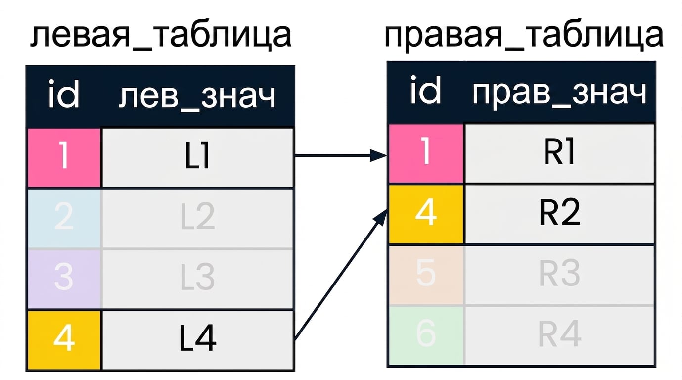 Диаграмма двух таблиц: left_table и right_table. Совпадающие значения id выделены одинаковыми цветами и соединены стрелками. Записи, не входящие в результат INNER JOIN, затемнены.