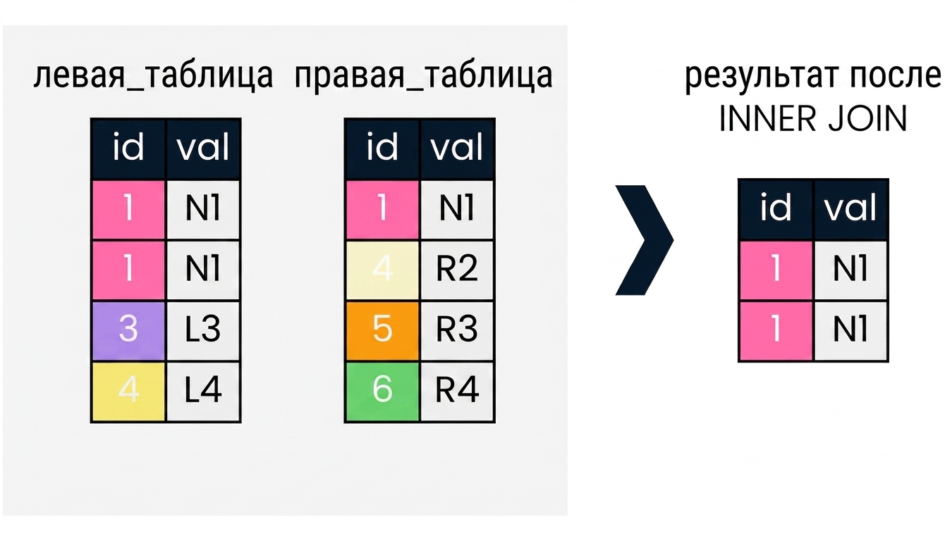 Диаграмма с двумя таблицами — левой и правой. Справа показано, что происходит при выполнении операции INNER JOIN над этими таблицами.