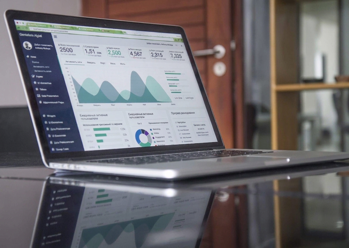 Ноутбук с дашбордом, отображающим KPI и графики