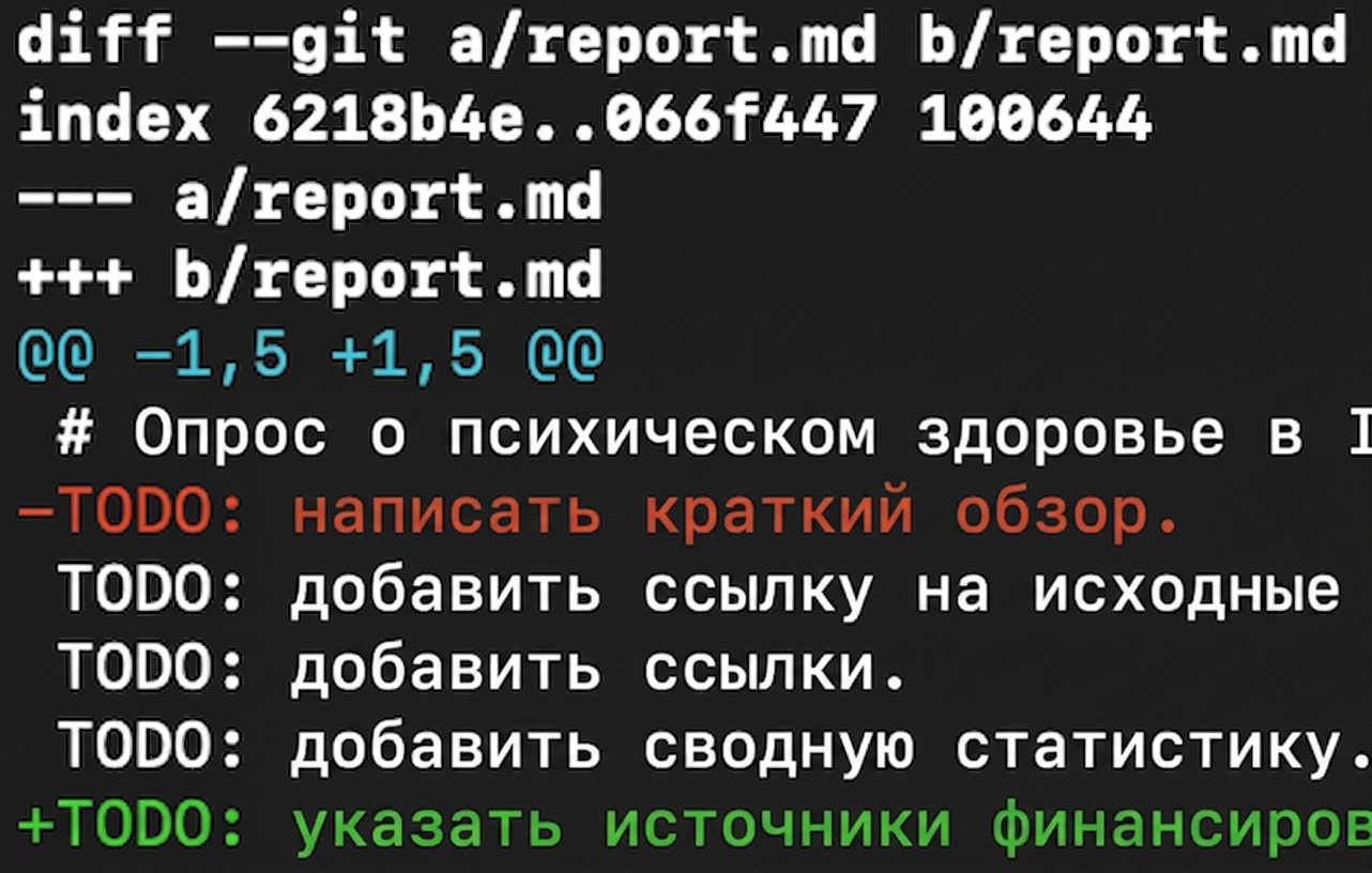 вывод git diff --staged report.md, совпадающий с предыдущим выводом git diff report.md