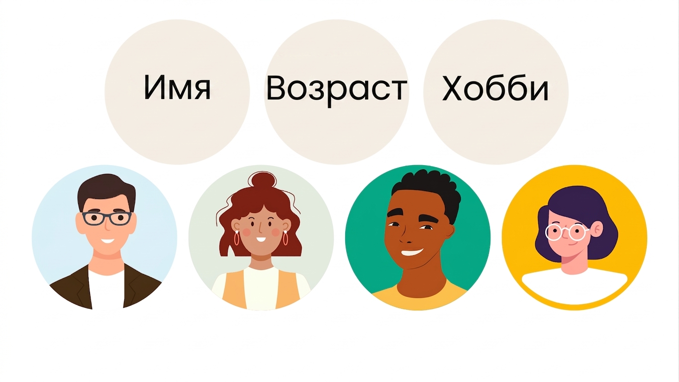 Четыре аватара людей и три круга с именем, возрастом и увлечениями