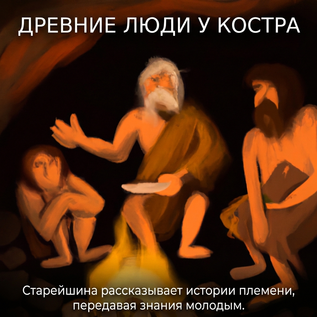 Древние люди сидят у костра и рассказывают истории