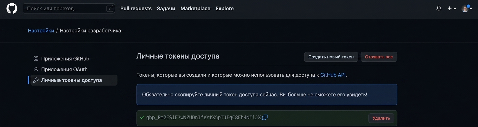PAT, отображаемый в виде набора букв и цифр, который можно скопировать