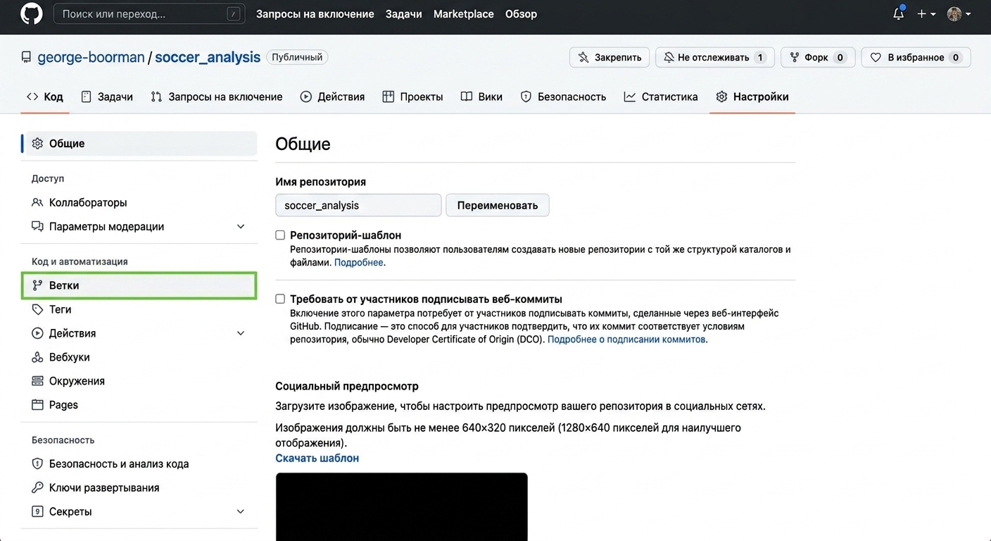 раздел Branches во вкладке Settings