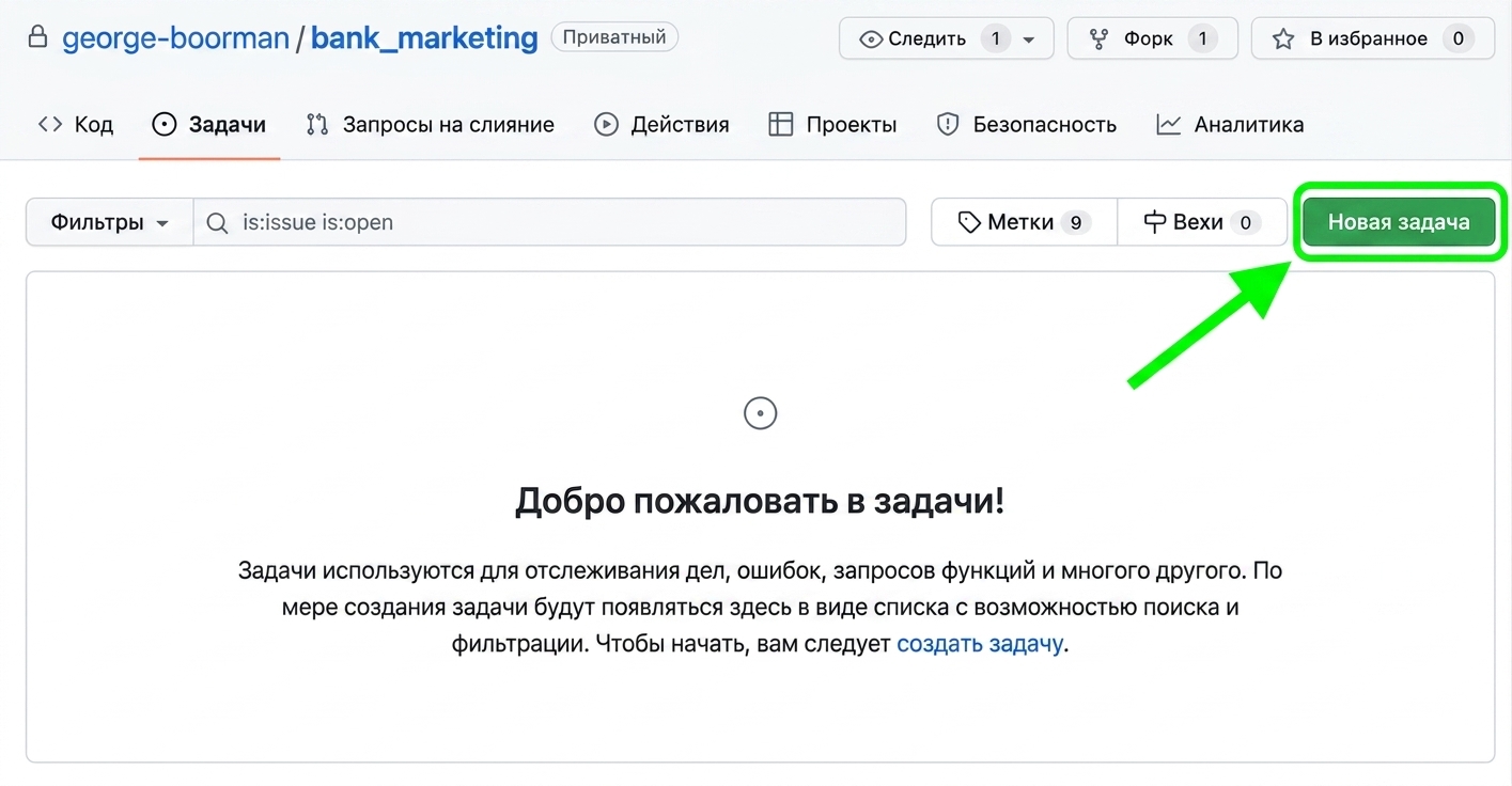 Страница Issues с выделенной кнопкой New issue