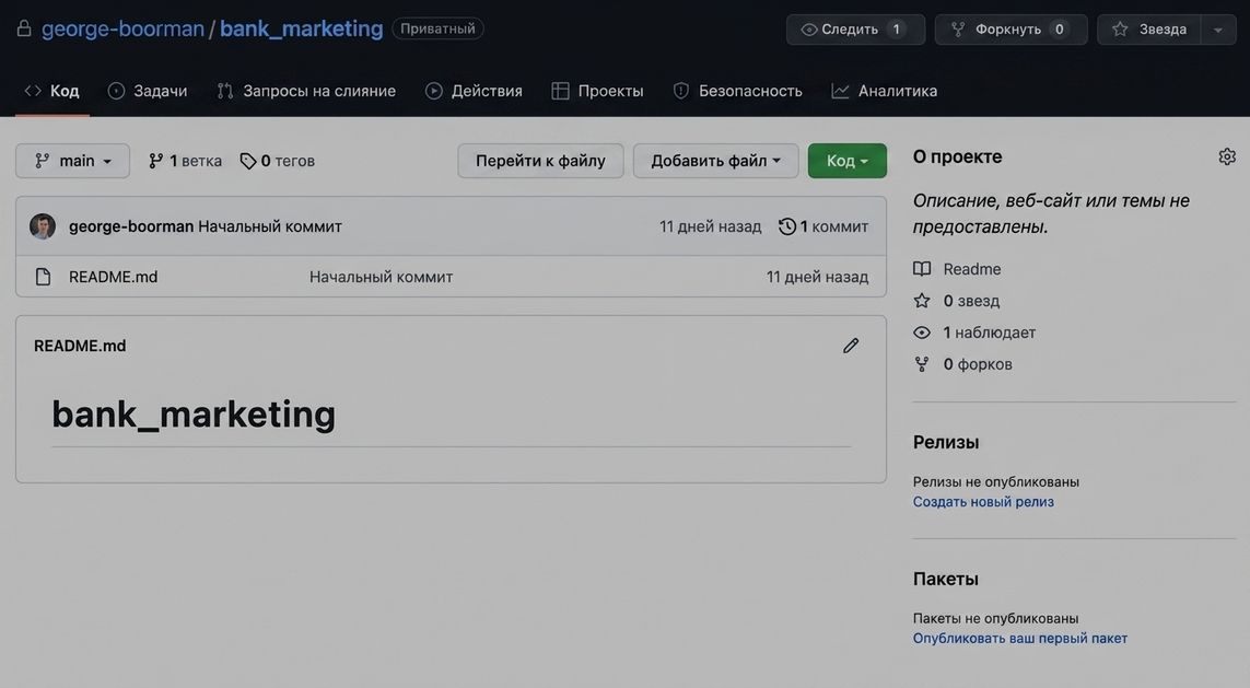 Снимок экрана: главная страница приватного репозитория bank marketing пользователя George Boorman с выделенной вкладкой Issues