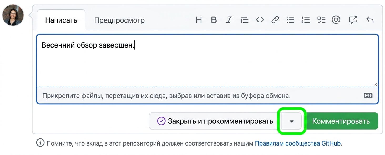 Вид завершающего комментария с выделенной стрелкой раскрывающегося списка