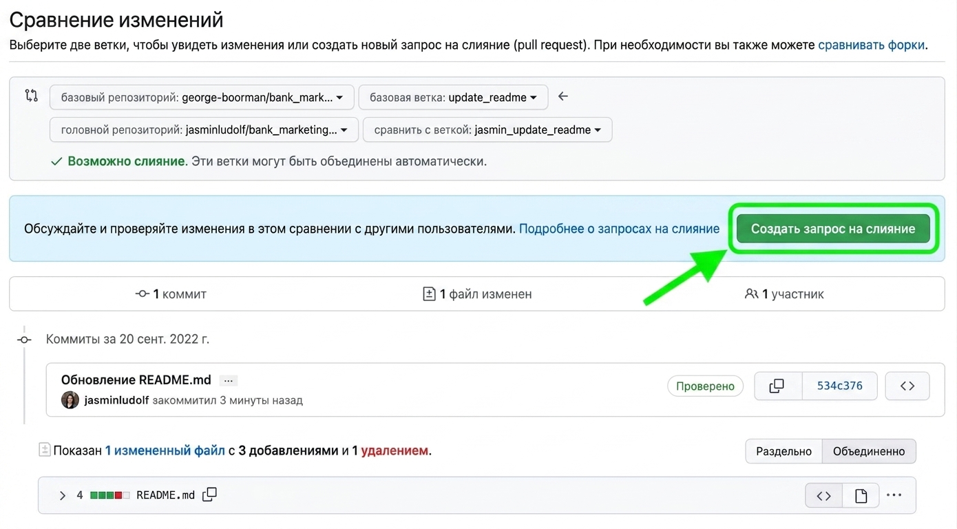 Сравнение изменений с выделенной кнопкой создания pull request
