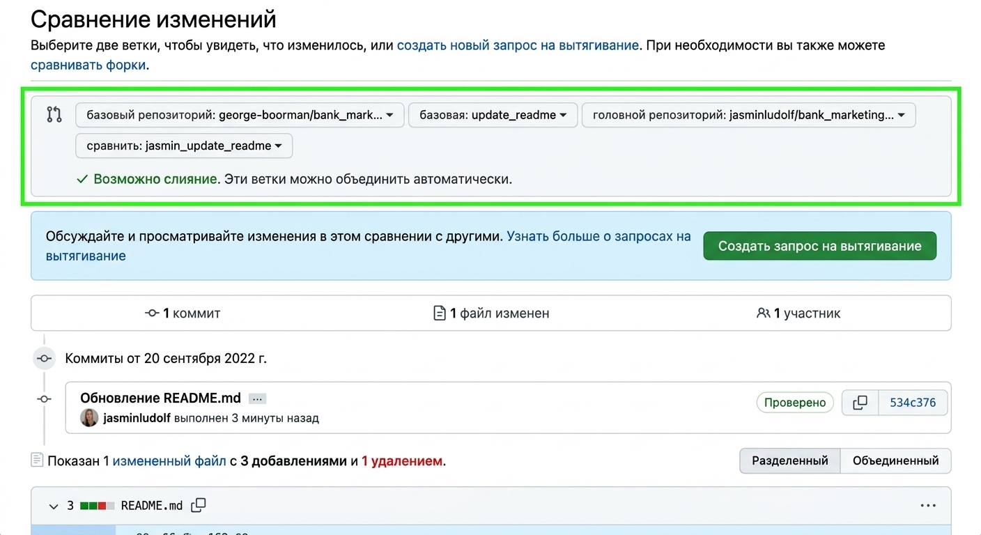 Сравнение изменений с выделенными базовой и сравниваемой ветками