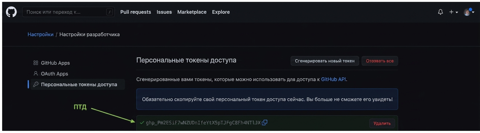 PAT, выделенный в виде набора букв и цифр, который можно скопировать