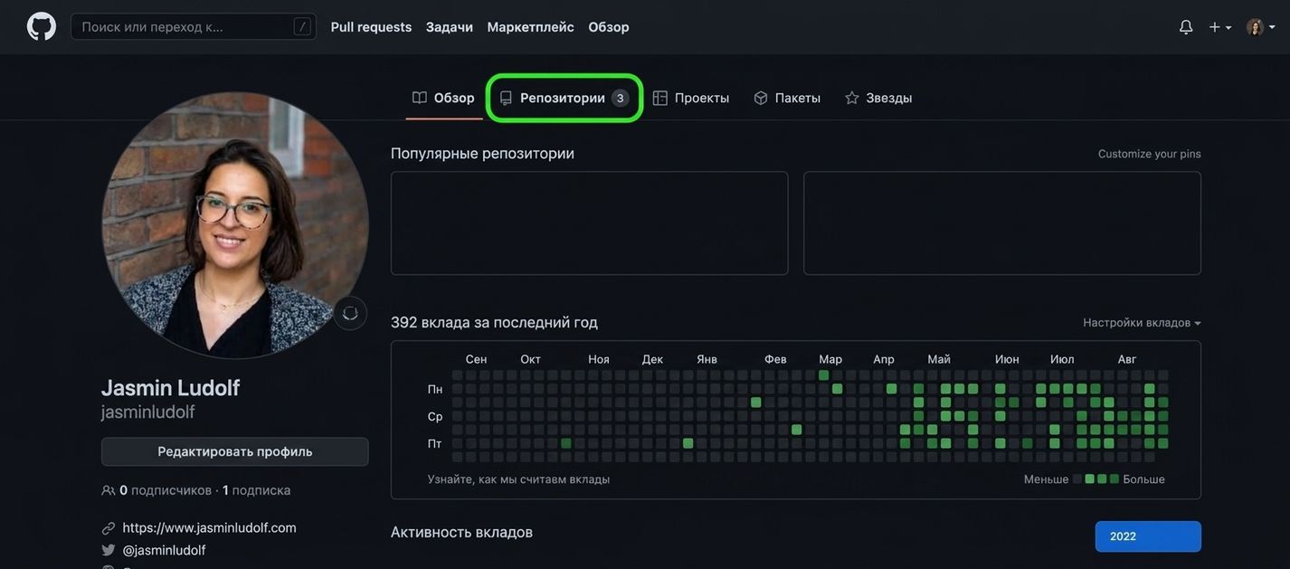 Скриншот профиля GitHub с зелёным кружком вокруг вкладки «Repositories»