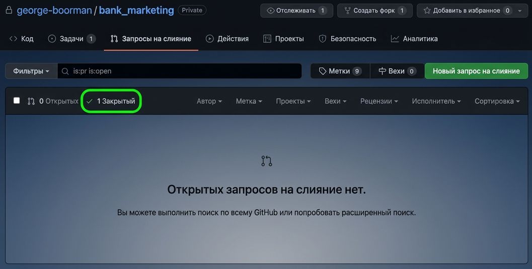 Вид вкладки pull requests с выделенными PR в репозитории