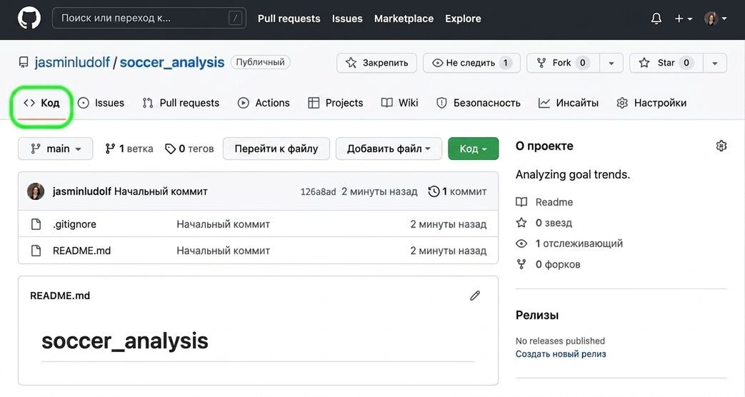 Репозиторий анализа футбола с выделенной вкладкой «Code»