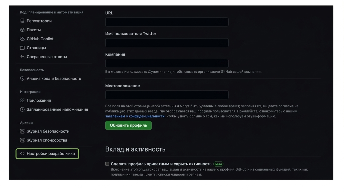 Раздел настроек разработчика на странице настроек