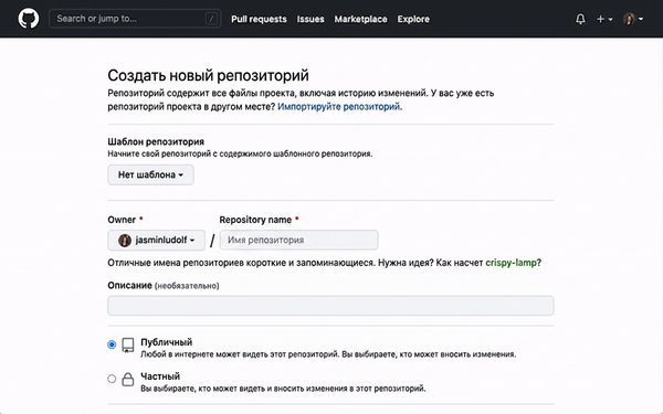 Анимация страницы создания репозитория: заполняются поля названия и описания