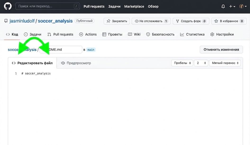 Вид файла README с выделенными вкладками редактирования и предпросмотра