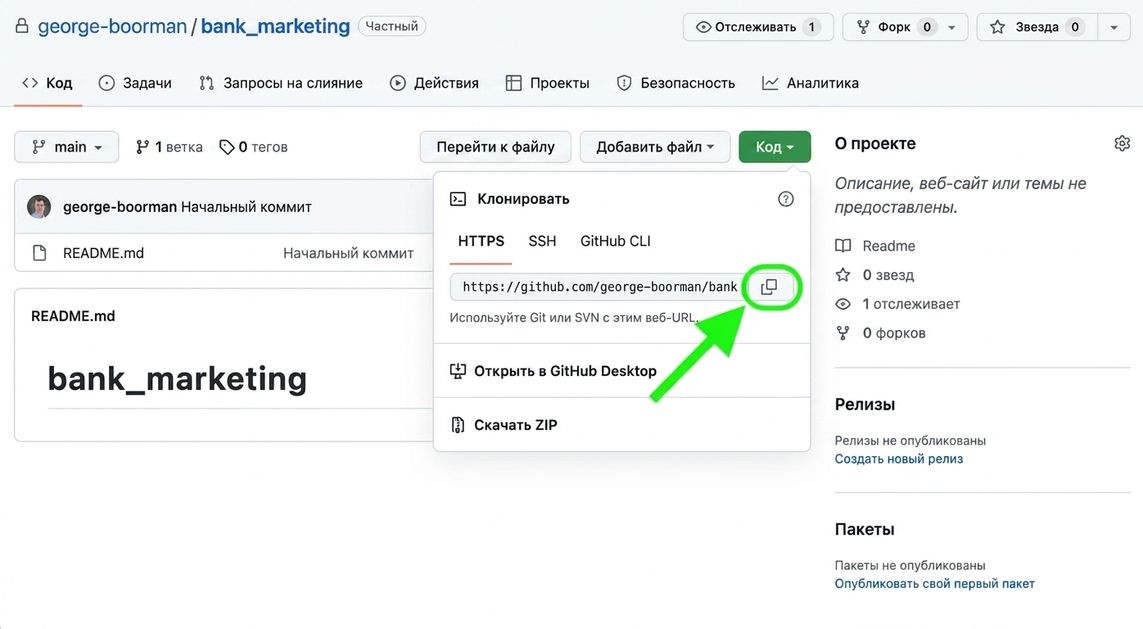 Выпадающее меню после нажатия кнопки Code в репозитории GitHub с выделенным значком копирования.