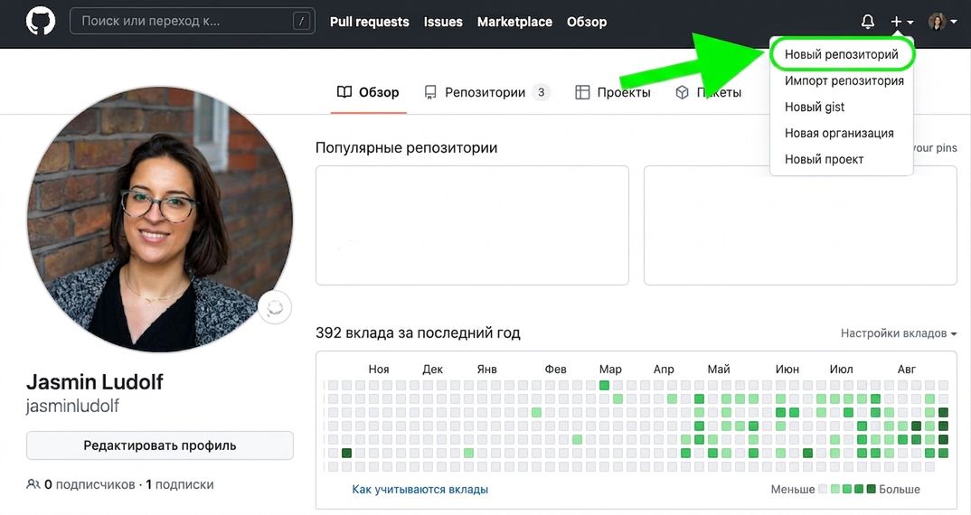 Профиль GitHub с зелёной стрелкой, указывающей на пункт «New Repository» в выпадающем меню.