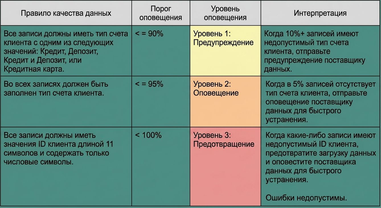 таблица с правилами качества данных, пороговыми значениями оповещений, уровнями оповещений и интерпретациями