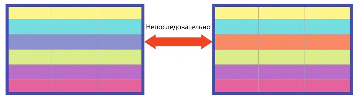 две таблицы с одинаково окрашенными строками, кроме одной — она показывает несоответствие между таблицами