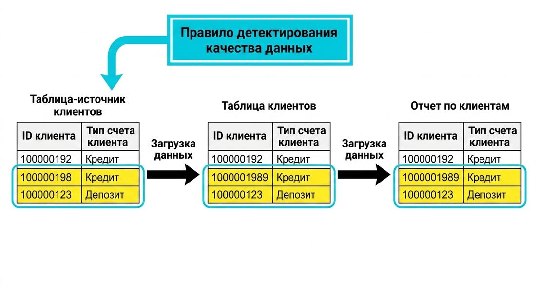 пример детективного правила качества данных с тремя таблицами в конвейере данных