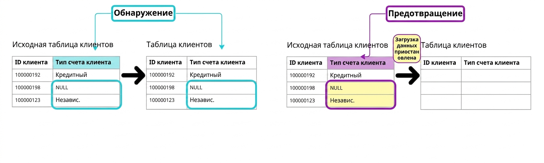 диаграмма, показывающая разницу между детективными и превентивными правилами качества данных