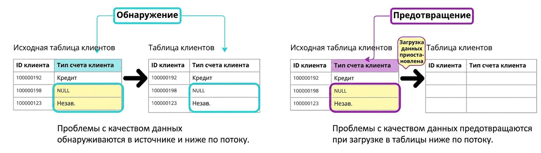 диаграмма, показывающая различие между детективными и превентивными правилами качества данных