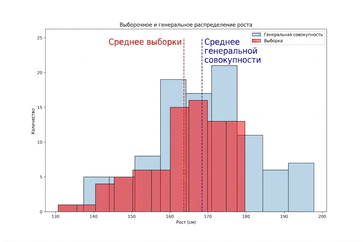 Распределение роста в выборке и генеральной совокупности: максимум и среднее в выборке ниже