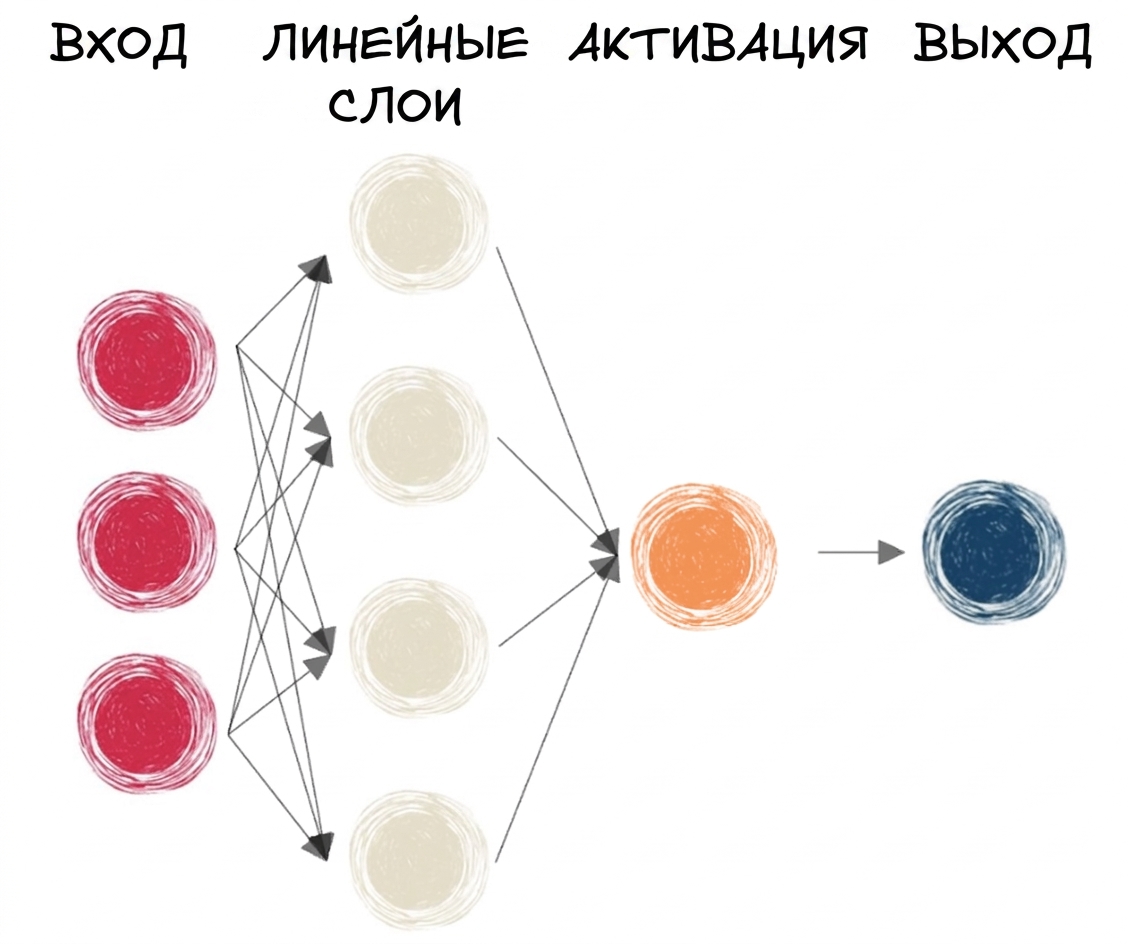 Схема нейронной сети с линейными слоями и функцией активации