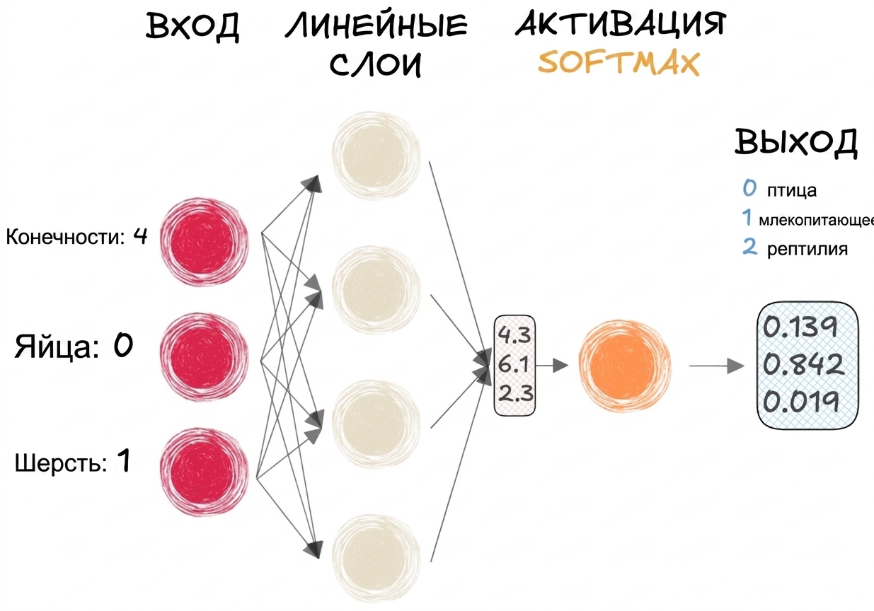 Схема части нейронной сети с входами, вектором на выходе линейных слоёв, функцией активации softmax и выходом