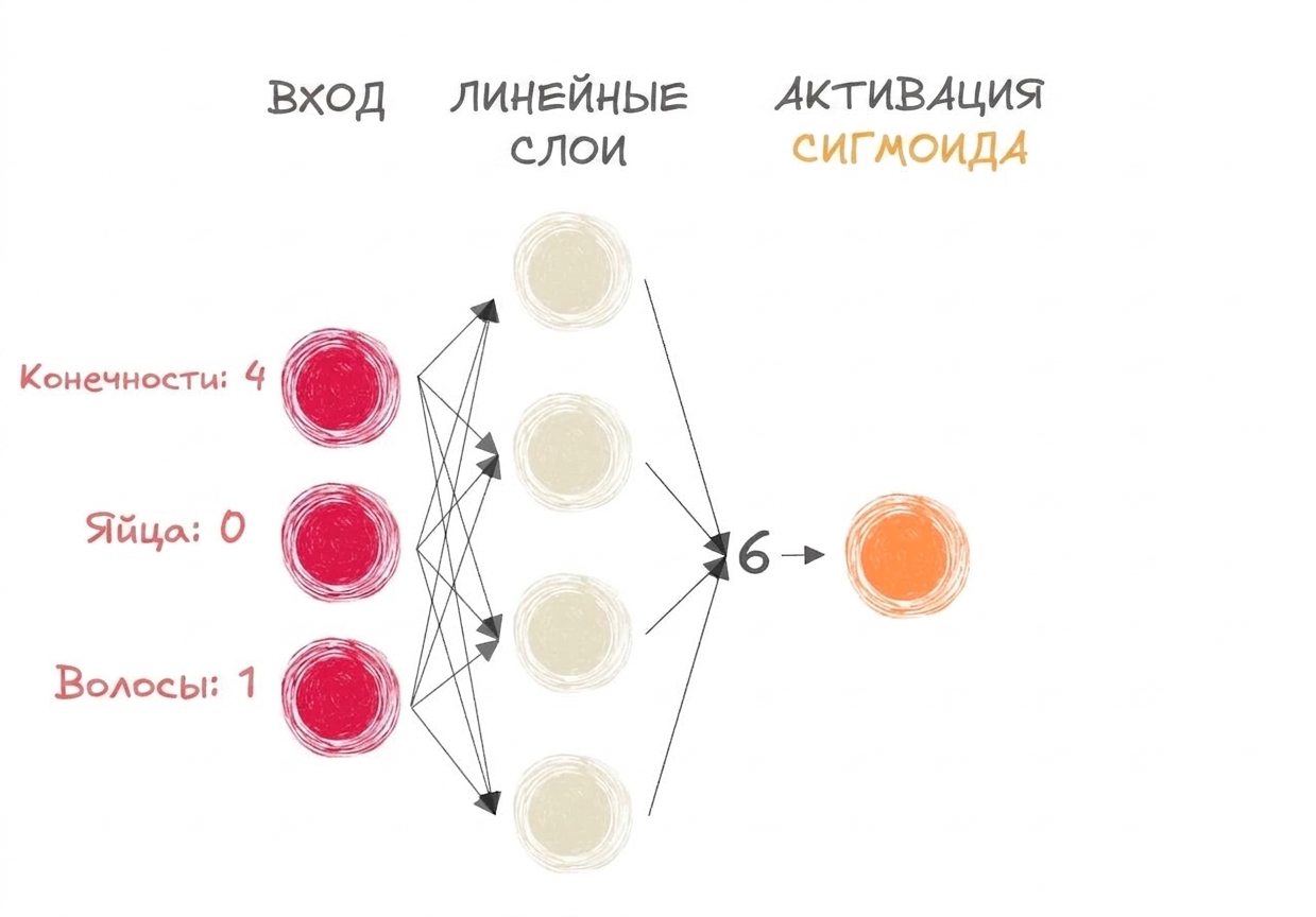 Схема части нейронной сети с входами, числом 6 на выходе линейных слоёв и функцией активации sigmoid